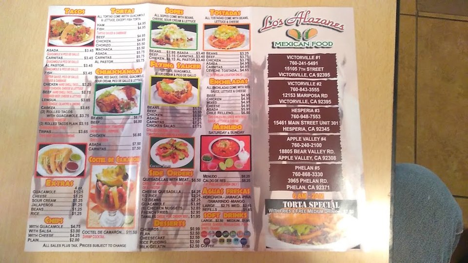 Printed menu showing Mexican comfort food